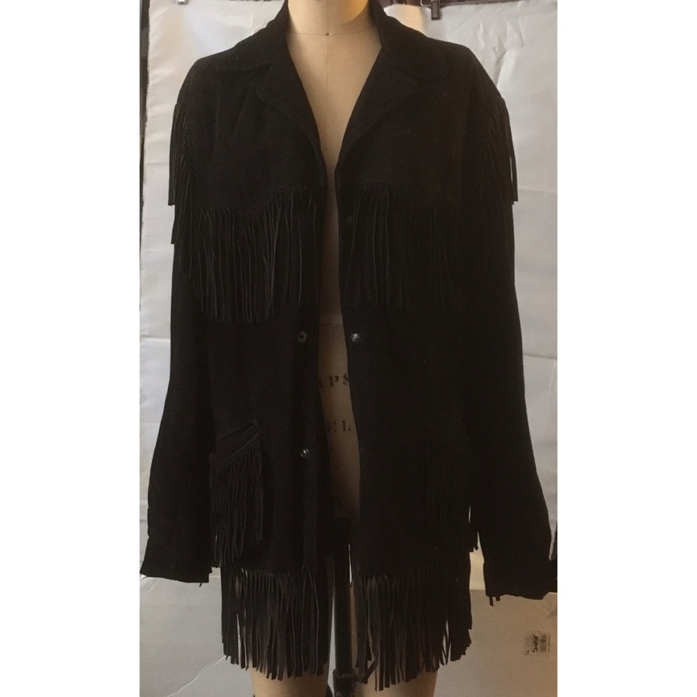 Vintage 80s Black Suede Fringe Coat w/snap closure